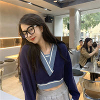 Panelled V Neck Cropped Loose Long Sleeve Jumper  - Thumbnail 7