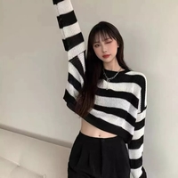 Black & Grey Striped Cropped Long Sleeve Sweater  - Thumbnail 2