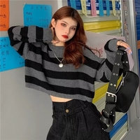 Black & Grey Striped Cropped Long Sleeve Sweater  - Thumbnail 1