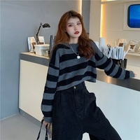 Black & Grey Striped Cropped Long Sleeve Sweater  - Thumbnail 3
