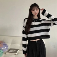 Black & Grey Striped Cropped Long Sleeve Sweater  - Thumbnail 4