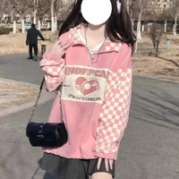 Pink Plaid Checkboard Zip Up Oversized Sweatshirt  - Thumbnail 2