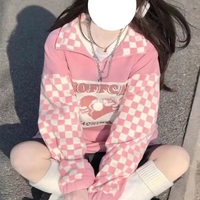 Pink Plaid Checkboard Zip Up Oversized Sweatshirt  - Thumbnail 4