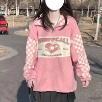 Pink Plaid Checkboard Zip Up Oversized Sweatshirt  - Thumbnail 5