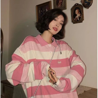 Pink striped oversized preppy long sleeve t-shirt  - Thumbnail 3
