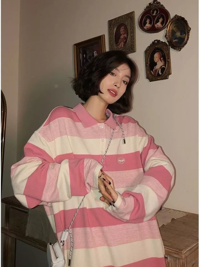 Pink Striped Oversized Preppy Long Sleeve T-shirt 