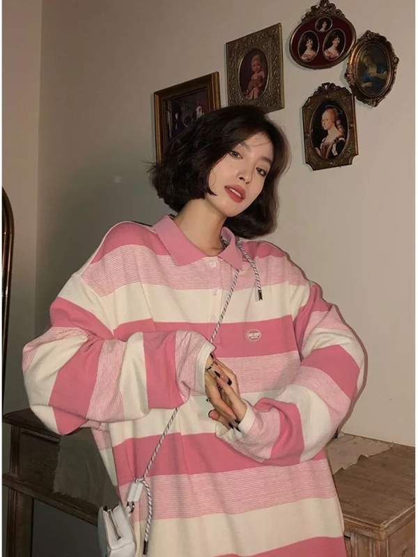 Pink Striped Oversized Preppy Long Sleeve T-shirt 