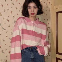 Pink Striped Oversized Preppy Long Sleeve T-shirt  - Thumbnail 1