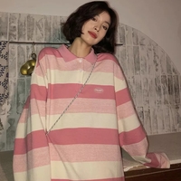 Pink Striped Oversized Preppy Long Sleeve T-shirt  - Thumbnail 2