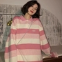 Pink Striped Oversized Preppy Long Sleeve T-shirt -2