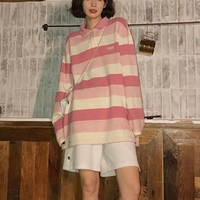 Pink Striped Oversized Preppy Long Sleeve T-shirt  - Thumbnail 4