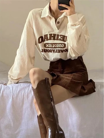 Beige Embroidery Polo Collar Embroidery Oversized Long Sleeve Shirt 