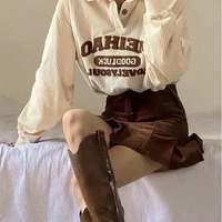 Beige Embroidery Polo Collar Embroidery Oversized Long Sleeve Shirt  - Thumbnail 4
