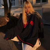 Black Letter Embroidery V Neck Long Sleeve Sweater  - Thumbnail 2