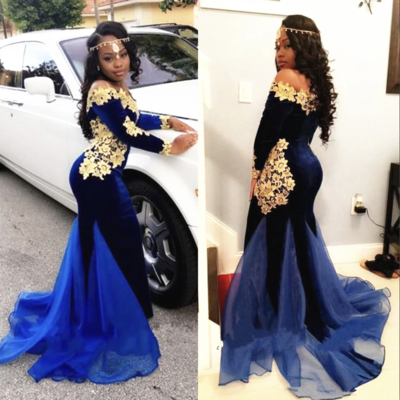 Royal Blue Prom Dresses mermaid with Gold Lace
