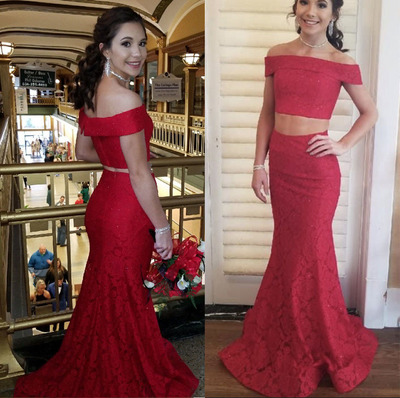 Two Piece Prom Dresses Lace Mermaid Off Shoulder