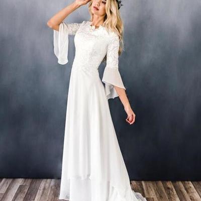 Modest boho chiffon lace wedding dresses with sleeves - Thumbnail 2