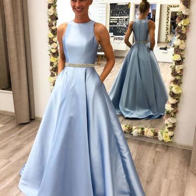 Charming a line o-neck light blue prom dress
