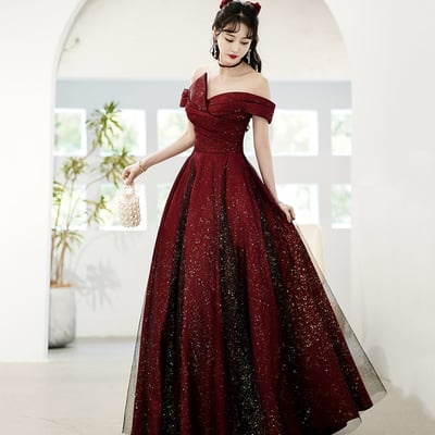 Burgundy satin tulle long prom dress, a-line off the shoulder evening dress - Thumbnail 1