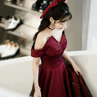 Burgundy Satin Tulle Long Prom Dress, A-Line Off the Shoulder Evening Dress - Thumbnail 1