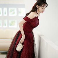 Burgundy Satin Tulle Long Prom Dress, A-Line Off the Shoulder Evening Dress - Thumbnail 2
