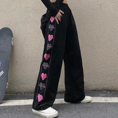 Black Heart Print Wide Leg Trousers 