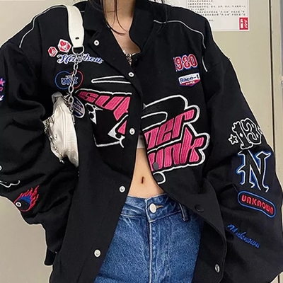 Racing color block bomber zipper varsity jacket