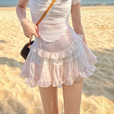 Sweet lace ruffle mesh fairycore high waist mini skirt
