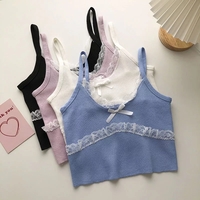 Patchwork Lace Bow Knit Camisole Crop Top - Thumbnail 2