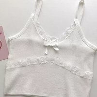 Patchwork Lace Bow Knit Camisole Crop Top - Thumbnail 4