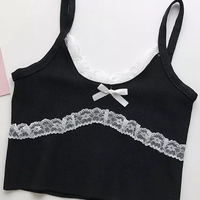 Patchwork Lace Bow Knit Camisole Crop Top - Thumbnail 3