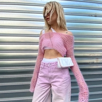 Pink Hollow Out Fishnet Long Sleeve Shirt  - Thumbnail 1