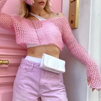 Pink Hollow Out Fishnet Long Sleeve Shirt  - Thumbnail 3