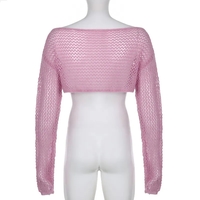 Pink Hollow Out Fishnet Long Sleeve Shirt  - Thumbnail 5