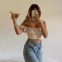 Floral Print Ruffle Button Up Bustier Crop Top - Thumbnail 4