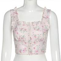 Floral Print Ruffle Button Up Bustier Crop Top - Thumbnail 8