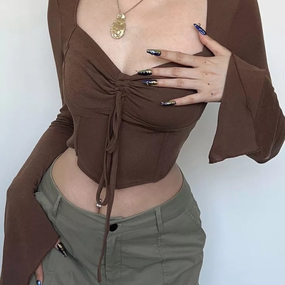 Brown drawstring long sleeve flare crop top
