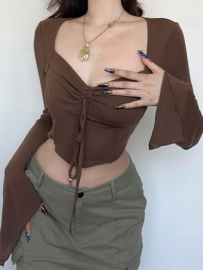 Brown Drawstring Long Sleeve Flare Crop Top