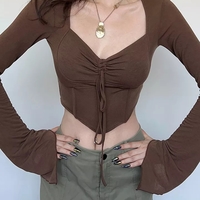 Brown Drawstring Long Sleeve Flare Crop Top - Thumbnail 2