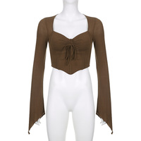 Brown Drawstring Long Sleeve Flare Crop Top - Thumbnail 6