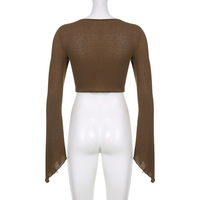 Brown Drawstring Long Sleeve Flare Crop Top - Thumbnail 7