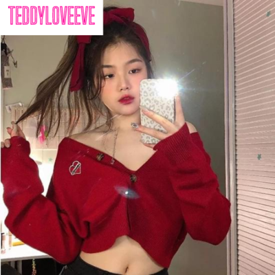 Red Cropped V Neck Sweater 