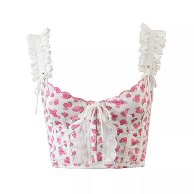 Pink flower print ruffle bustier crop top - Thumbnail 1