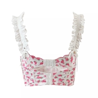 Pink Flower Print Ruffle Bustier Crop Top - Thumbnail 1
