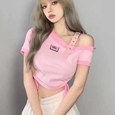 Sweet pink off shoulder short sleeve shirt  - Thumbnail 5