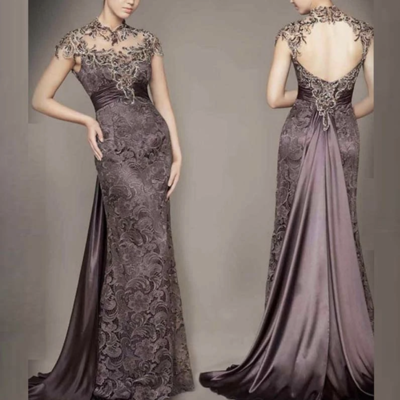 Open back mother of the bride dresses lace sheath - Thumbnail 2