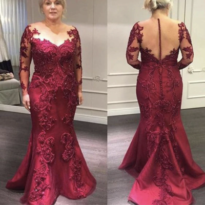 Burgundy mermaid mother of the bride dresses with sleeves appliques lace - Thumbnail 2