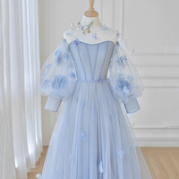 Blue Tulle Applique Long Prom Dress Blue Evening Gown - Thumbnail 2