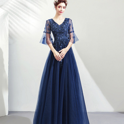 Blue v-neck tulle lace long prom dress, elegant a-line evening dress - Thumbnail 1