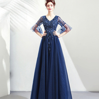 Blue V-Neck Tulle Lace Long Prom Dress, Elegant A-Line Evening Dress - Thumbnail 1